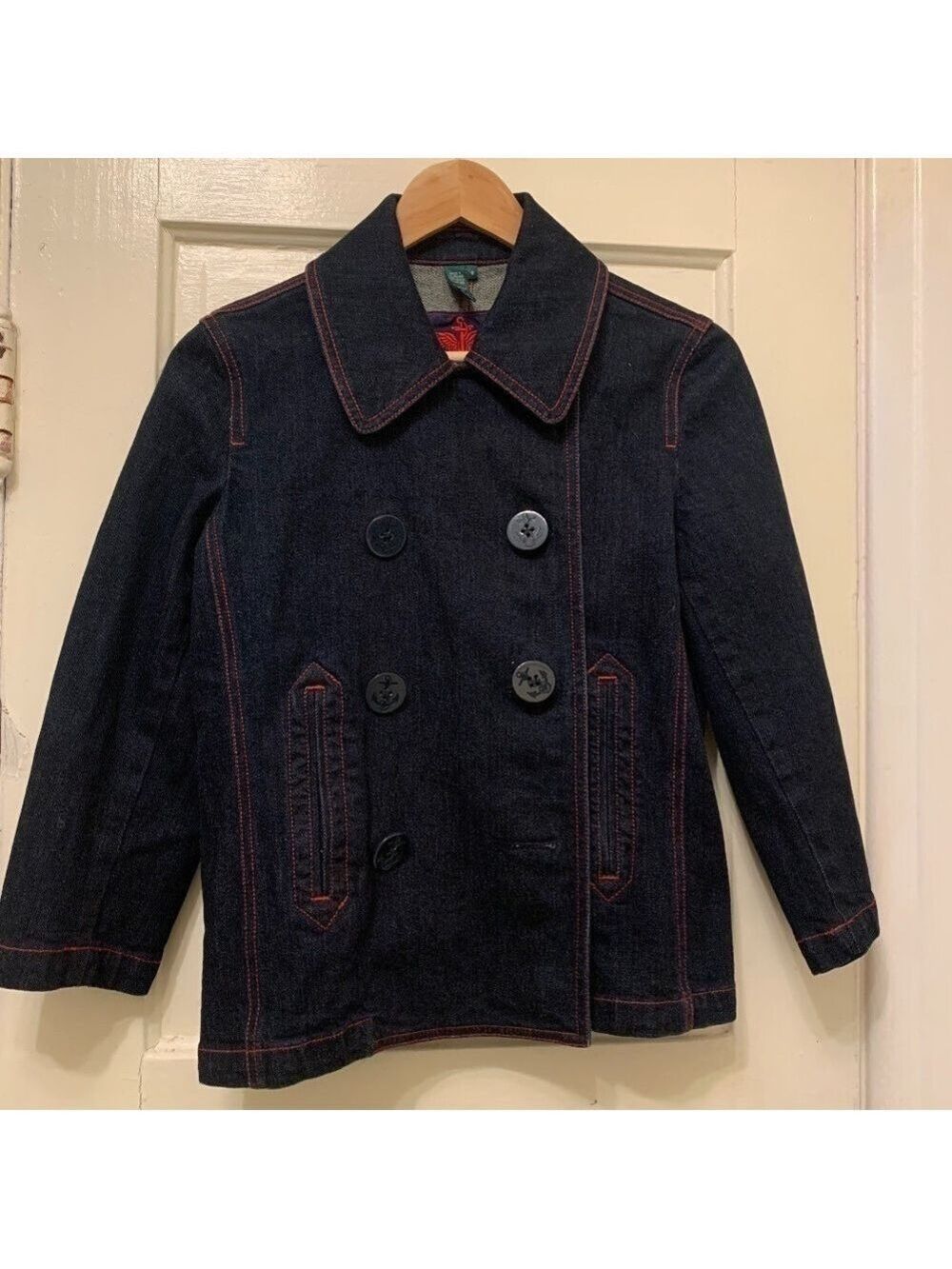 Lauren Ralph Lauren Dark Denim Sailor Jacket Red Trim Size Med Underarm Width 19